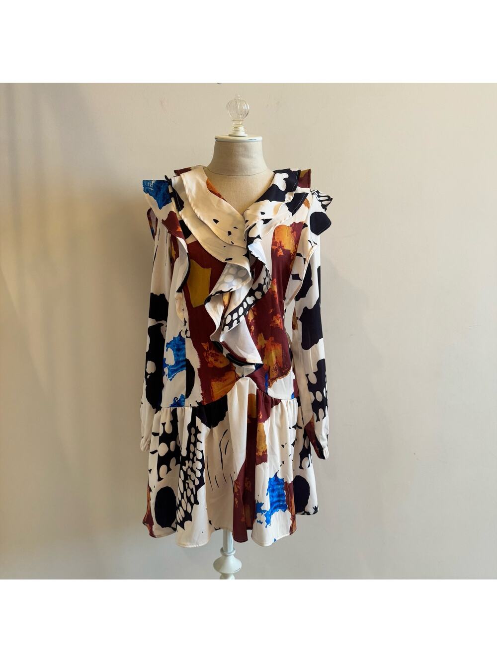 Mulla Ruffle Mini Dress Womens Small Art to Wear Boho Festival Maximalism Colors